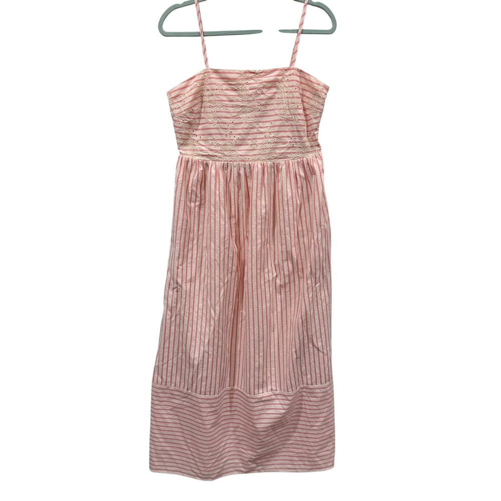 Doe and Rae Pink White Striped Seersucker Eyelet Midi Dress Small Pockets
